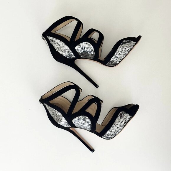 NEW JIMMY CHOO Tempest Black Suede Silver Sequin Cutout Heels Sandals Size 38 - Picture 5 of 11